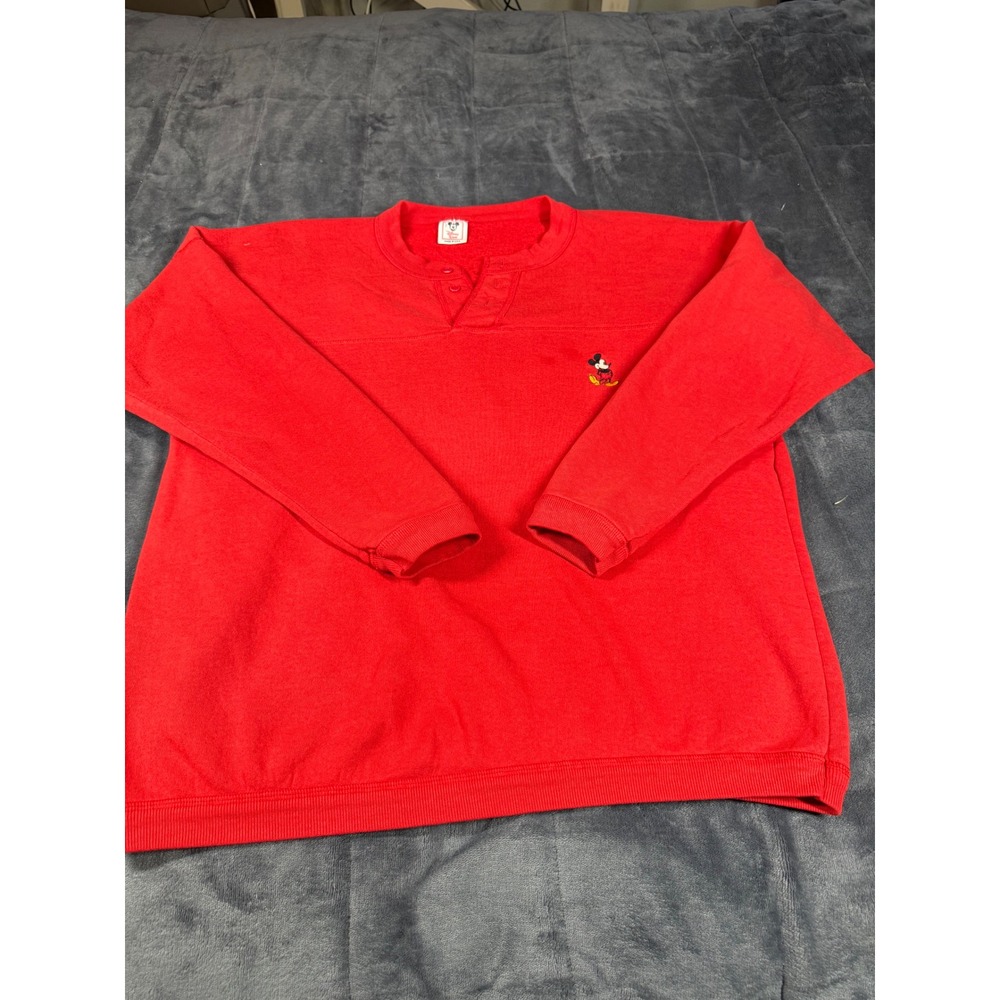 Vintage Disney Wear Mickey Mouse Henley Sweatshirt Red Mens XL Made in‎ USA 90s